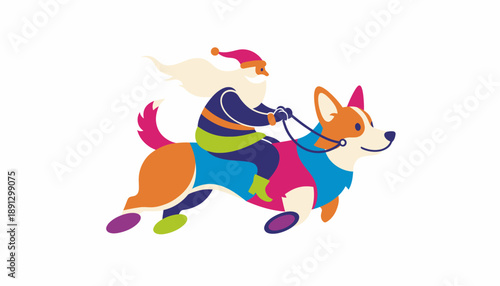 Santa Claus riding a Corgi dog on a white background illustration