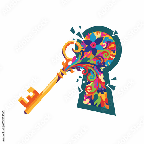 Ornate Golden Key Breaking Through a Floral Keyhole, Symbolizing a Creative Concept
