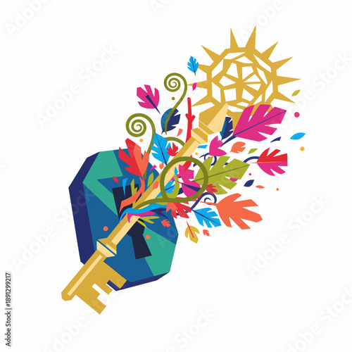 Golden Key with Colorful Floral Bursting Out