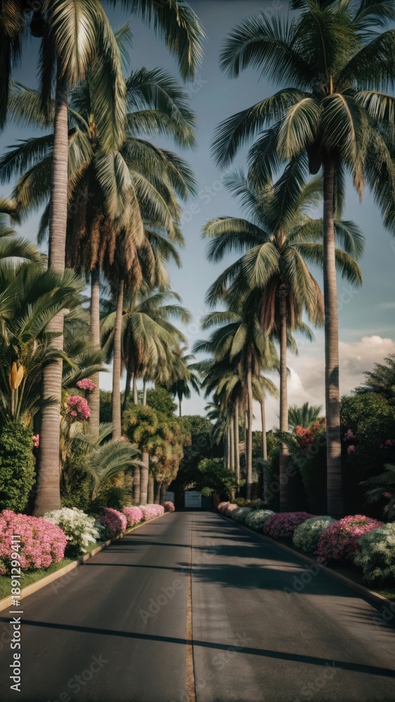 Fototapeta premium Towering palm trees cascade down a serene residential street lined with exotic flowers and lush greenery
