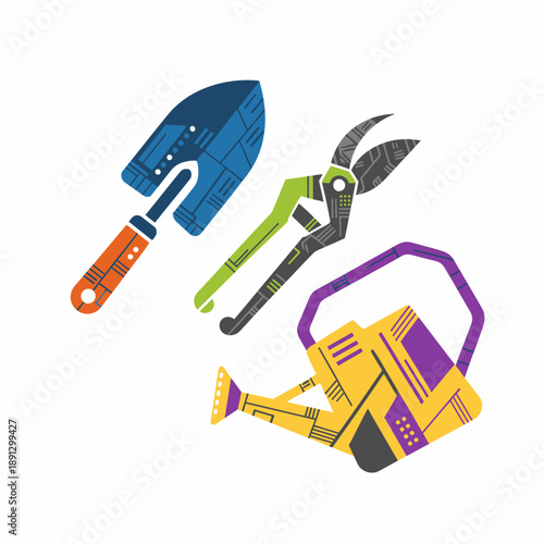 Gardening Tools Illustration Trowel, Pruners, and Watering Can