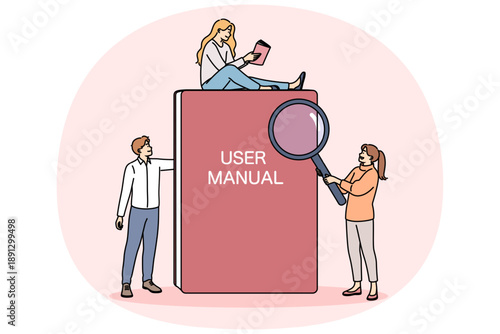 Book with user manual next to miniature people reading tips and rules for using product. Textbook with inscription user manual on cover is intended for teaching independent use of equipment