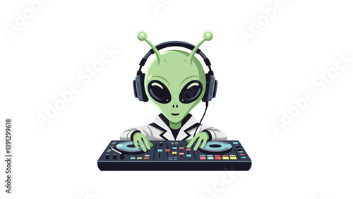 Pixel art alien DJ wearing headphones mixing on turntables