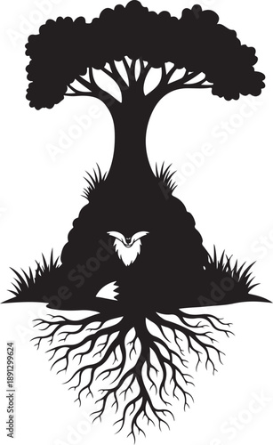 Black silhouette of a tree with exposed roots and a creature in its base animal
