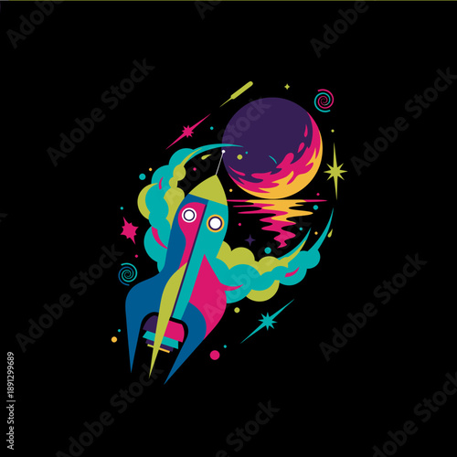 Rocket Ship Journey Through Colorful Cosmic Nebula