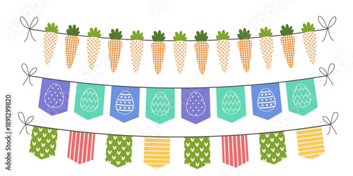 Simple pastel colored Happy Easter hanging carrots and flag garland set. Festive spring vector illustration isolated on white background