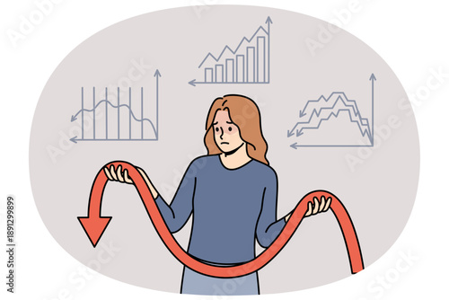 Unsuccessful investments cause negative emotions in woman standing among declining charts. Girl had bad luck and lost income or investments due to crisis and lack of financial analysis