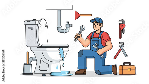 Plumber kneeling next to leaking toilet with tools and toolbox