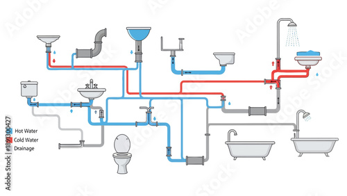 Plumbing diagram showing hot cold and drain lines