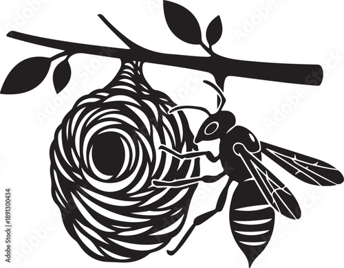 Black silhouette of a wasp on a branch with its nest and leaves insect d