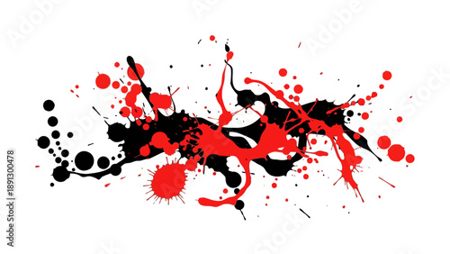 Red and black paint splatters scattered across a white background