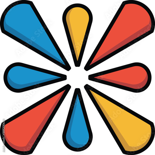 Exploding Starburst Vector Icon with Red, Blue, Yellow Petals and Black Outline
