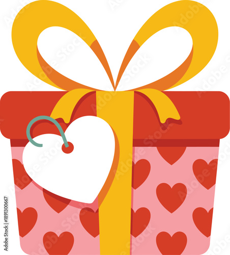 Gift Box with Heart Pattern and Tag Vector Illustration