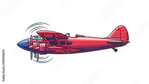 Red biplane with spinning propellers on a white background