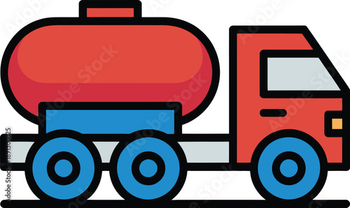 Red Tanker Truck Vector Icon with Blue Wheels and Chassis for Liquid Transport