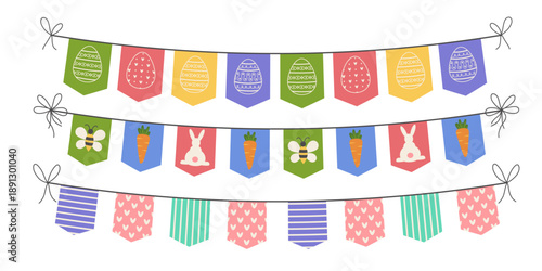 Cute festive flag garland vector illustration. Retro bunting with cute eggs, carrot, bees, bunny isolated on white background. Easter party, birthday banner decoration.