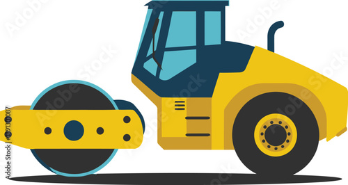 Yellow Steamroller Compacting Road Surface Vector Illustration