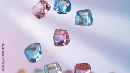 Translucent jewel candies and colorful gems falling on pastel background