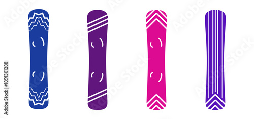 Colorful snowboard icon set isolated on white background. Winter sports equipment sign illustration to use for ski advert, ski pass, competition certificate, skiing design projects. 