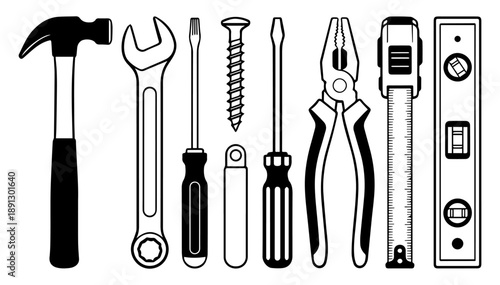 Vector illustration of construction and repair tools black and white different style set on white background_03.