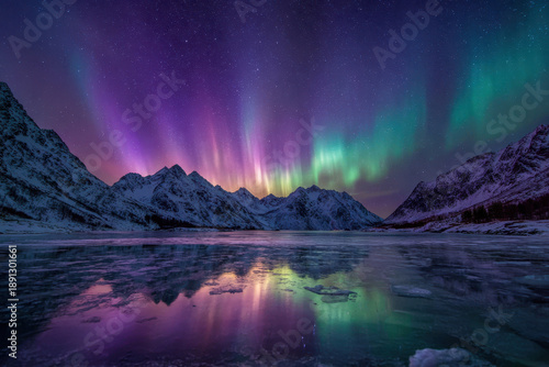 Wallpaper Mural Aurora borealis illuminating snowy mountains and icy lake under starry sky Torontodigital.ca