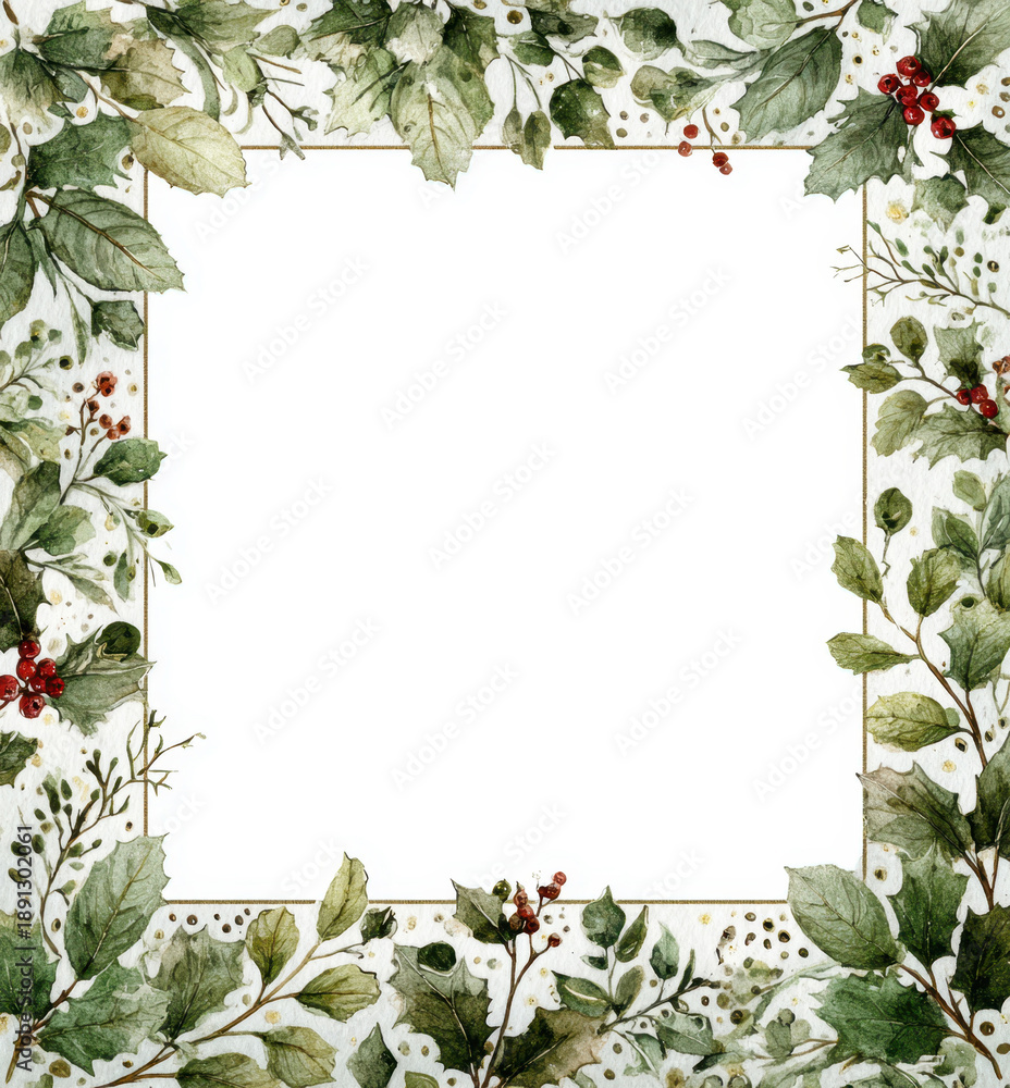 Fototapeta premium Elegant holly and foliage frame with festive winter botanical details