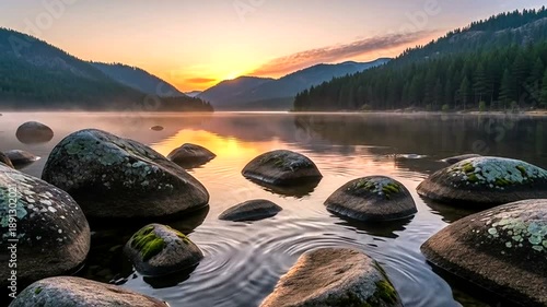 Serene Mountain Lake at Sunrise with Rocks in Foreground and Misty Reflections.