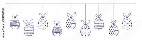 Hanging hand drawn outline Easter eggs border. Simple doodle folk eggs bunting. Happy Easter ink border. Easter decoration with line eggs