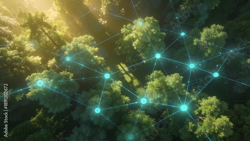 Forest canopy with glowing network connections