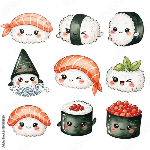 Christmas and Japanese Sushi Cartoon Icon Set Vector Illustration Collection