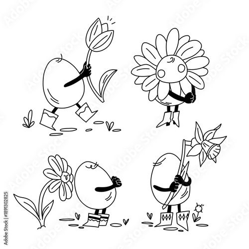 A set of eggs in flower boots, the egg is dressed as a flower, carries a tulip and a daffodil as a gift, and smells a chamomile. Whimsical Egg Characters Enjoying Spring Flowers