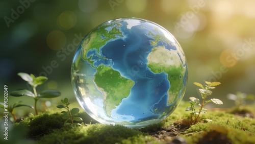 Glass globe on moss with plants