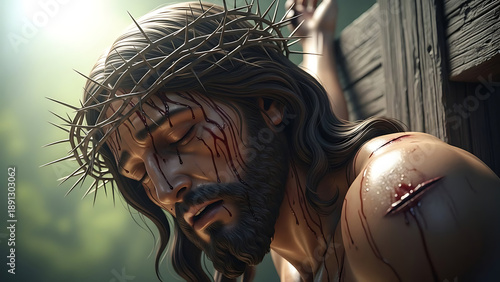Jesus christ suffering on the cross with crown of thorns