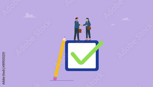Business people handshake on tick completed checkbox. Commitment, promise or agreement to deliver or finish work, leadership skill or trust on work responsibility, accountability or engagement.