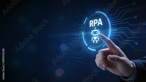 Hand touching RPA robot icon on digital screen