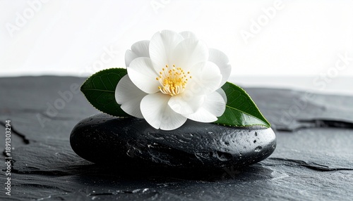 Pure Serenity: A Single White Camellia on a Smooth Black Stone