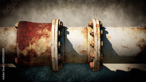 Close-up of a weathered and rusty steel pipe joint with flanges and bolts, showing aged industrial texture