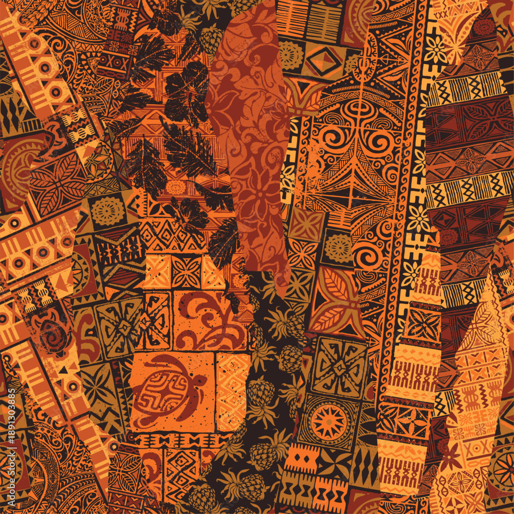 Fototapeta premium Polynesian traditional fabrics and tribal tapa cloth elements patchwork abstract vector seamless pattern for fabric summer wear shirt pillow tablecloth carpet poster pad
