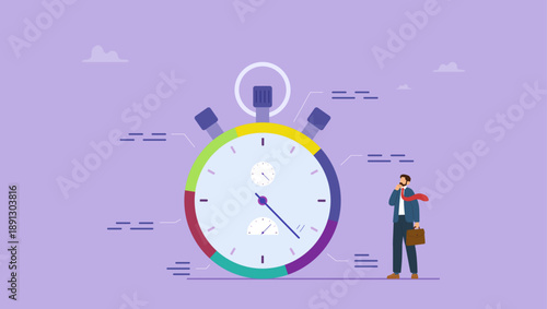 Businessman stand with stop watch timer time spend pie chart. Time tracking system or time management to manage project or productivity, evaluate efficiency or project resources planning.