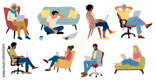 Set of diverse people sitting and working on laptops in home and office settings, ideal for remote work and lifestyle concepts. Flat vector illustration isolated on transparent background