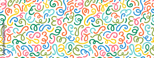 Abstract seamless pattern with crayon squiggle lines. Modern pattern with color doodle shapes, cute wavy, curvy and swirl lines with chalk texture. Abstract squiggle background, vector illustration