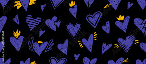 Seamless pattern with crayon hearts, angel wings and crown. Doodles elements for romantic designs, graffiti art, Valentine Day cards with chalk texture. Love background with hearts, vector illustratio