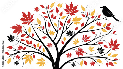 Autumn tree with colorful leaves and a bird on a branch seasonal foliage
