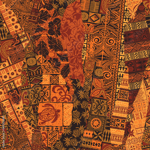Polynesian traditional fabrics and tribal tapa cloth elements patchwork abstract vector seamless pattern for fabric summer wear shirt pillow tablecloth carpet poster pad