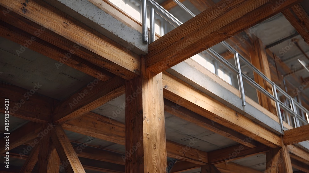 Naklejka premium Interior view of a modern building featuring exposed wooden timber beams and concrete elements highlighting structural design