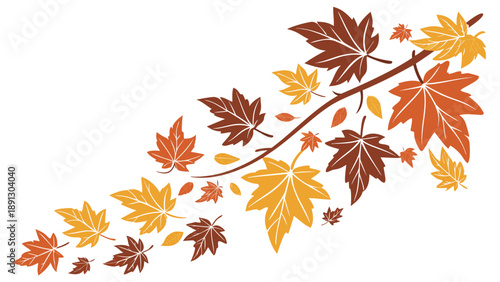 Autumn leaves cascade in warm orange yellow and brown hues on white background