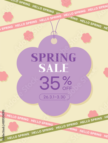 Spring sale background with purple floral tags and discounts. This floral vector template with a "Hello Spring" ribbon is perfect for spring season promotions, retail advertising, and social media.