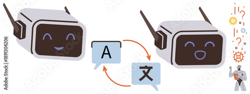 Language learning, AI communication, digital tools, translation services, multilingual technology, machine learning. Two robots exchanging text with speech bubbles. Language learning and AI