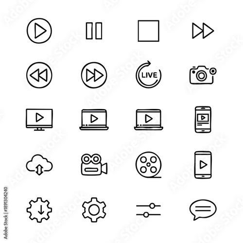 Collection of modern outline icons for media playback and digital content creation