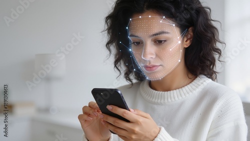 Woman using phone with face recognition